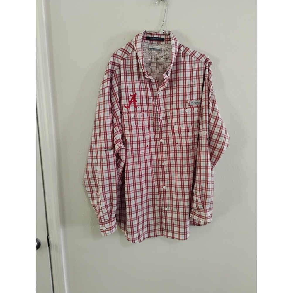 Columbia PFG Super Tamiami Alabama Crimson Tide Shirt Mens XXL Red Plaid Fishing